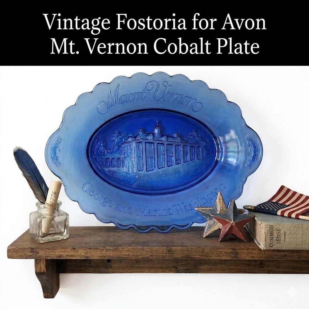Avon Mount Vernon Cobalt Blue Glass Plate George & Martha Washington Americana